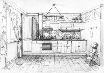 interior sketch apartment design in Provence style view of the working area cozy interior pencil drawing