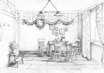 interior sketch apartment design in the style of Provence with Christmas decorations view of the dining table pencil drawing of a kitchen