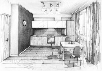 interior sketch apartment design kitchen in modern style view of the working area pencil drawing