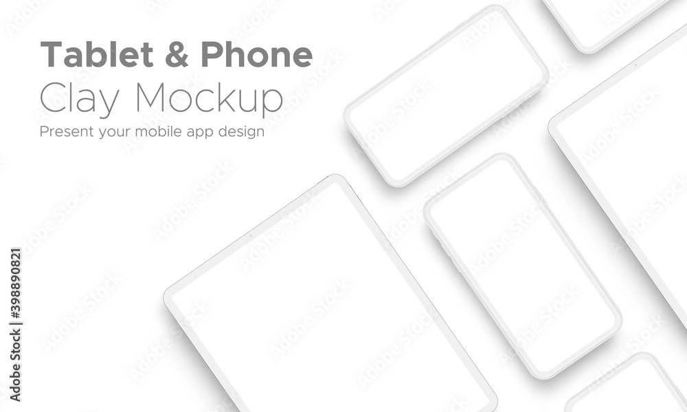 Wall mural mobile app design tablet computer and smartphone clay mockup with space for text isolated on white b