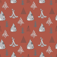 Seamless Christmas Pattern with Christmas trees on brown color background. New Year and Christmas doodle style. Trendy Vector illustration. Template for wrapping paper, holiday decoration, textile,etc