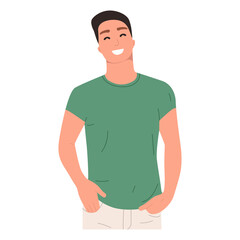 Portrait of a smug smile holding hands in pockets, flat illustration. Isolated on white background, mock up for website, advertising