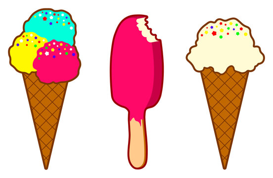 Ice cream in waffle cone and ice cream bar vector clipart isolated colorful illustration