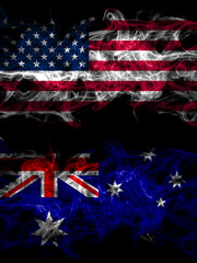 United States of America, America, US, USA, American vs Australia, Australian smoky mystic flags placed side by side. Thick colored silky abstract smoke flags