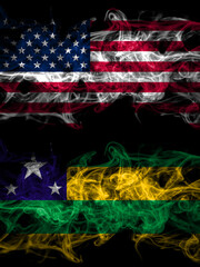 United States of America, America, US, USA, American vs Brazil, Brazilian, Sergipe smoky mystic flags placed side by side. Thick colored silky abstract smoke flags