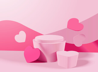 Valentine's day podium scene and heart shape 3d mockup for product display presentation vector