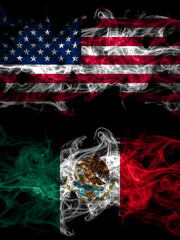 United States of America, America, US, USA, American vs Mexico, Mexican smoky mystic flags placed side by side. Thick colored silky abstract smoke flags