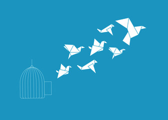Freedom concept,Flying paper bird in origami style and cage,Vector illustration in blue background. - obrazy, fototapety, plakaty