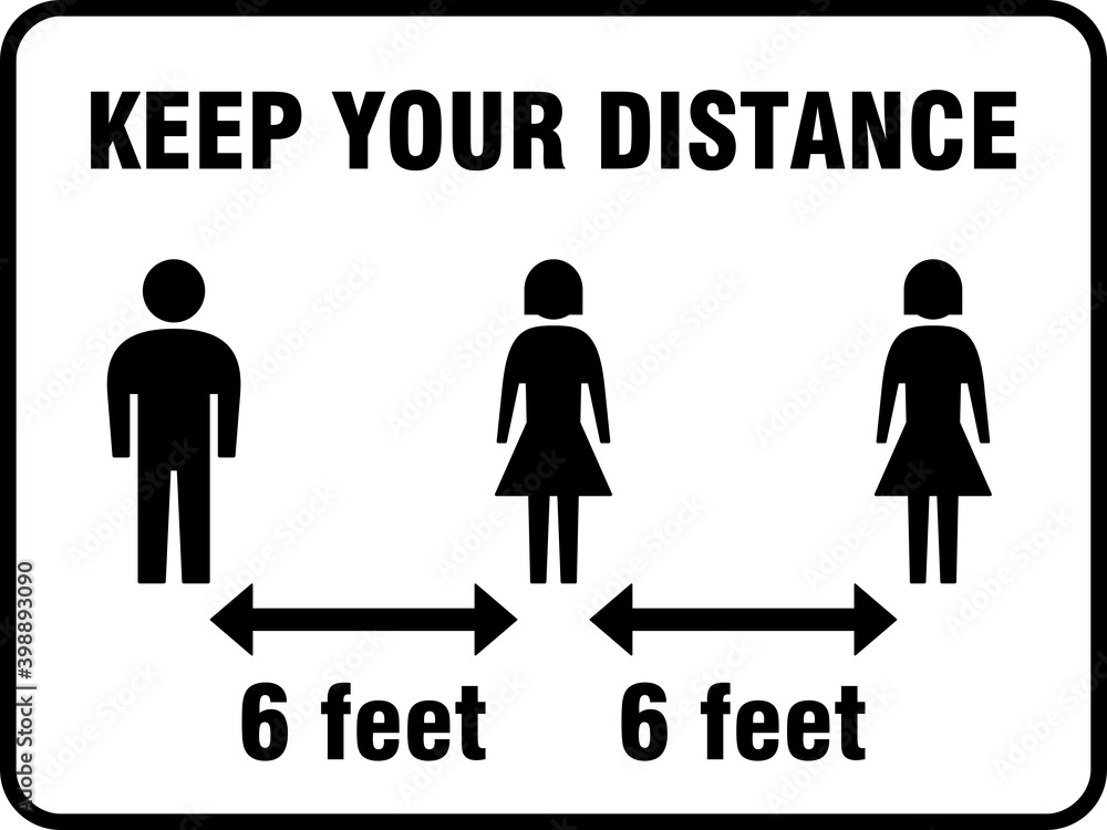 Poster Keep Your Distance 6 Feet or 6 ft Horizontal Social Distancing Instruction Icon with an Aspect Ratio of 4:3 and Rounded Corners. Vector Image.