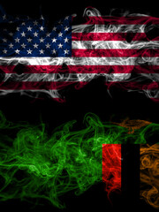 United States of America, America, US, USA, American vs Zambia, Zambian smoky mystic flags placed side by side. Thick colored silky abstract smoke flags