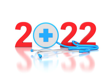 New Year 2022 Creative Design Concept with stethoscope - 3D Rendered Image	