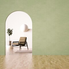Minimal Room with Modern Armchair, Indoor Plants and Arc Door with Empty Walls is the Best for Art Print and Wallpaper Mockup