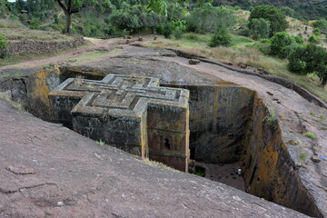 Iglesia cristiano-ortodoxa de San Jorge, esculpida en la roca, en la ciudad de Lalibela, en el centro norte de Etiopia 
