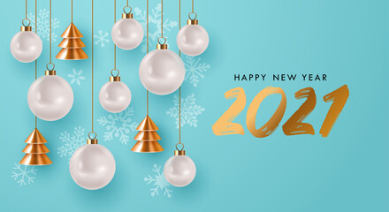 Happy New Year 2021 elegant luxury greeting card, banner or poster design template with Christmas ornament ball and golden fir tree.  Vector illustration