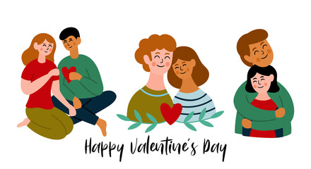 Valentine's day concept with cute couples in love set. Childish print for stickers and greeting cards