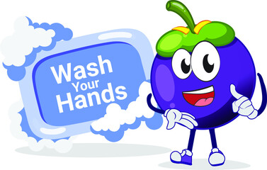 Cute mango Steen character giving some serious instruction to wash hands