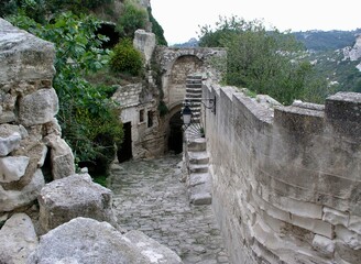 stone wall and door in old village in mountain