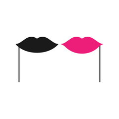 Male mustache and female lips on a stick, vector art illustration.