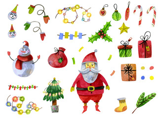 Large watercolor Christmas set of illustrations. Snowman, Santa Claus, gifts, candy cane, flags, Christmas lights, sock, Christmas tree, Christmas star, mittens. Illustrations for the holiday.