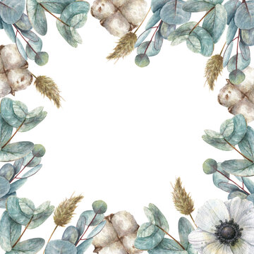 Watercolor isolated floral frame made of blue eucalyptus, cotton, white animon and fluffy dried flowers stems