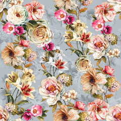Modern Watercolor Flower Pattern Grey Background