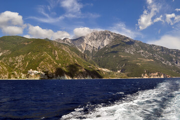 Panorama of Mount Athos. Halkidiki, Greece. Mountain view.