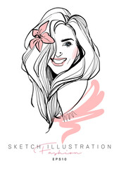 Fashion girl hand drawn. Sketch woman in sunglasses. Stylish girl look