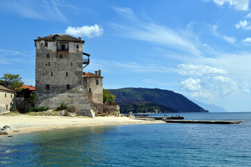 Tower of Prosphorion, Ouranoupolis, Greece, September 11, 2012. View of Athos.