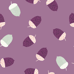 Seamless random pattern with hand drawn acorn doodle silhouettes. Autumn print in purple and blue tones. © Purple_Lamp