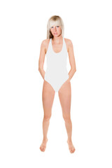 Full length portrait of a beautiful blonde woman wearing a white swimsuit, studio photo isolated in front of white background