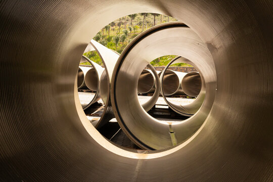 FRP (GRP) pipes are waiting in the field for installation
