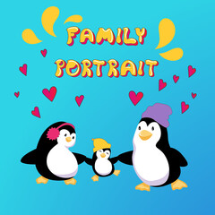 Family portrait card. Cute cartoon penguins are filled with the happiness and joy to be together. Vector illustration on bright pink background. All objects are organised in groups and layers.