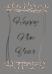 Happy New Year vector illustration,frame with inscription and confetti on a gray background.Graphic element for banner,greeting cards,invitation,poster or website. 