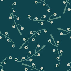 Simple random seamless pattern with branches and berries. Turquoise dark background.