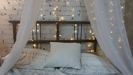 Christmas interior, bed decoration, bedroom