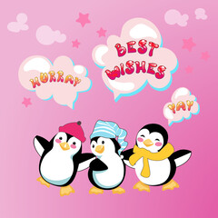 Best wishes card with cute cartoon penguins. Three funny characters are happy to express their joy. Vector illustration on bright pink background. All objects are organised in groups and layers.