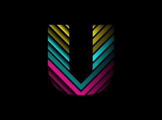 Naklejka premium U letter font logo with cmyk color. Dynamic split blue, pink, yellow color on black background. For social media,design elements, creative poster, brand label and more