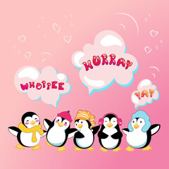 Best wishes card with cute cartoon penguins. Funny happy friends are happy to express their joy. Vector illustration on bright pink background. All objects are organized in groups and layers.
