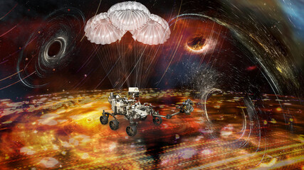 Rover in parachute lands on alien planet in a distant space. Sci fi concept of interstellar travel....