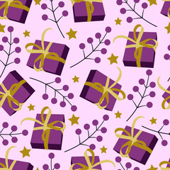 Seamless Christmas illustration. Cute gift boxes, twigs and stars on a pink background.