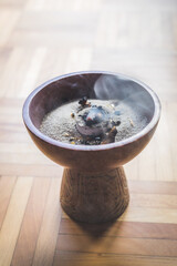 Traditional esoteric incense ritual at New Year and Christmas, smoke for cleaning the house