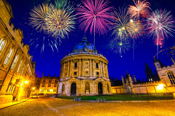 Fireworks display near the Radcliffe camera science library in Oxford. England
