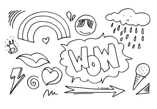 Hand drawn set elements, black on white background. Arrows, hearts, love, flowers, crowns, presses, swirls, lightning, rainbows, clouds, rain, lips, wow, ice cream and emojis. for concept design.