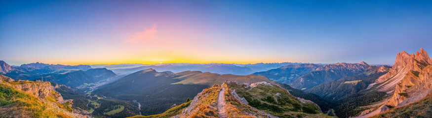 Naklejka na ściany i meble Sunrise panorama of Seceda peak in Dolomites Alps, South Tyrol, Italy, Europe