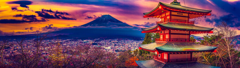 HDR-zonsondergang van de Chureito-pagode en de berg Fuji in de herfst