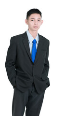 Yong business man or corporate employee isolated on grey background. Classical formal wear office style.