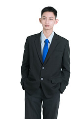 Yong business man or corporate employee isolated on grey background. Classical formal wear office style.