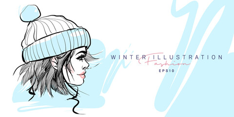 Fashion girl hand drawn. Sketch woman in winter hat. Stylish girl look