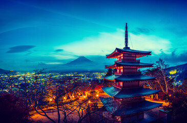 Mt. Fuji with Chureito Pagoda at dusk. Beautiful Japanese scenery