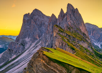 Seceda mountain peak at sunset. Trentino Alto Adige, Dolomites Alps, South Tyrol, Italy, Europe